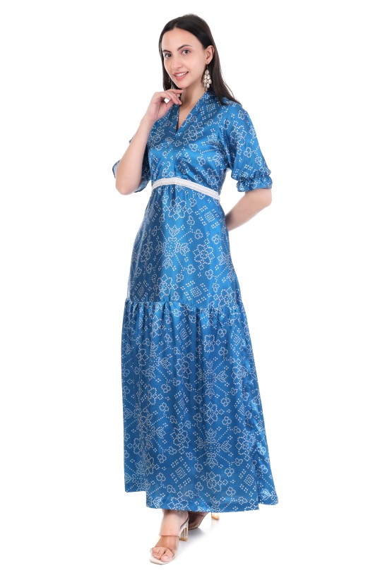 Digital Satin Blue One Piece Dress Online | Peanaki